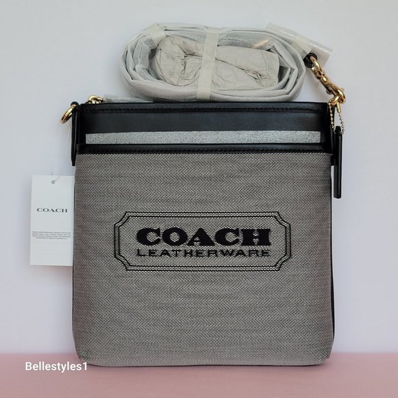 COACH Kitt Badge Jacquard & Smooth Leather Crossbody- Salt Black ⭐ - Picture 5 of 16